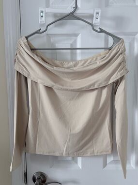 Trendy Off-the-Shoulder Long Sleeve Top - Cream